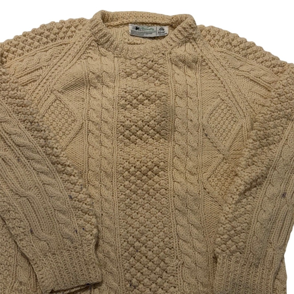 VTG Bunratty Handknits Irish 100% Wool Aran Sweater Cream Cable Knit Womens L